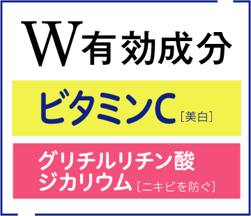 Wの有効成分 ビタミンC（美白）、グリチルリチン酸ジカリウム（ニキビを防ぐ）