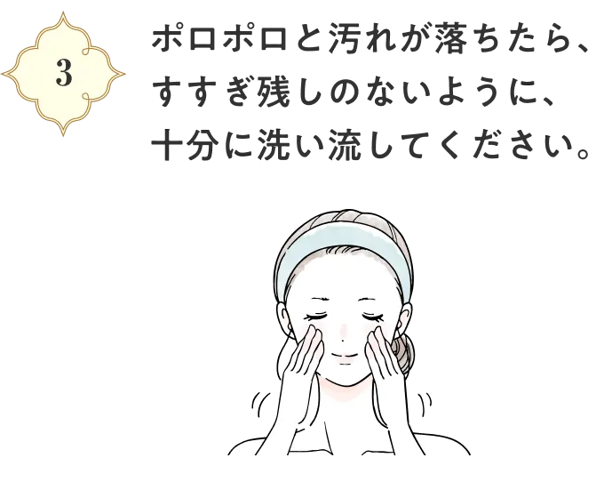 ポロポロと汚れが落ちたら、すすぎ残しのないように、十分に洗い流してください。
