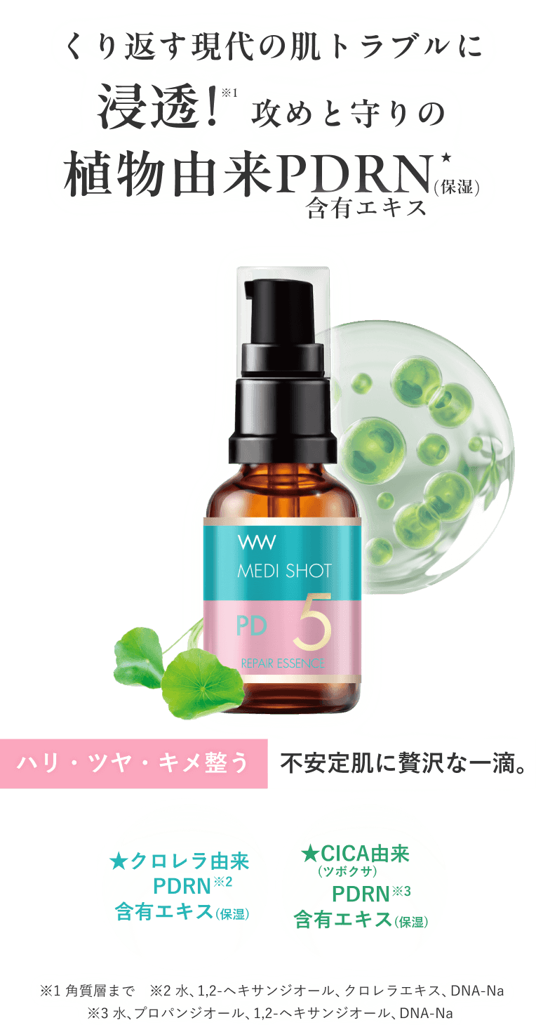 くり返す現代の肌トラブルに浸透! 攻めと守りの植物由来PDRN (保湿) 含有エキス PD5リペア濃美容液